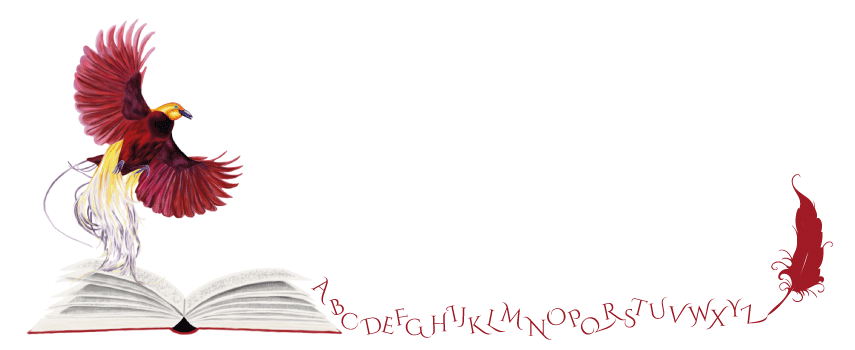 Phönix steigt aus einem Buch auf aus dem Buchstaben fließen, die in einer Feder enden