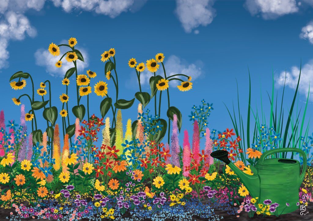 Gartenbeet mit vielen bunten Blumen, Sonnenblumen und einer Gießkanne vor blauem Himmel – Illustration