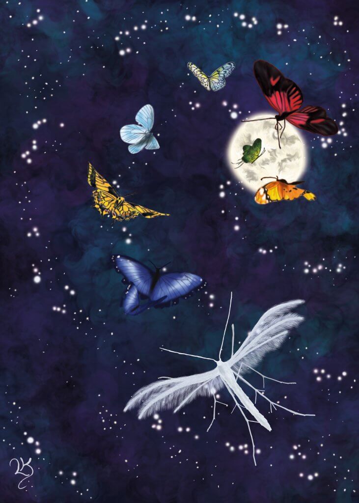 Ein Schlehenfedergeistchen und Schmetterlinge fliegen im Sternenlicht dem Mond entgegen