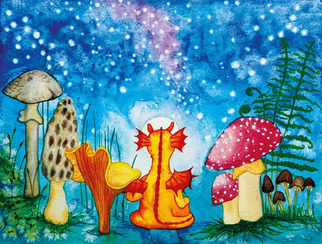 Eine Drache sitzt umgeben von Pilzen auf dem Boden und blickt in Richtung Vollmond. Sterne leuchten am Himmel.