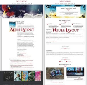 Layout-Vergleich: Auf der linken Seite befindet sich der alte Layout-Aufbau der Buchseite zu "Myalig - gestohlene Leben", auf der rechten Seite die neue Layout-Version zum selben Buch