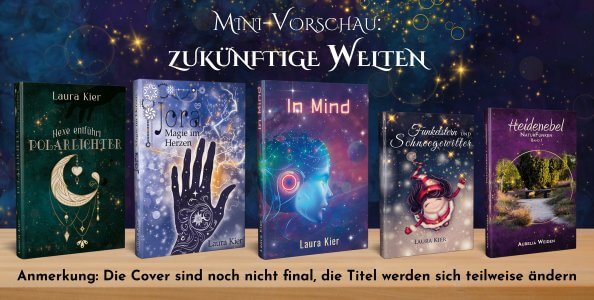Mini-Vorschau zukünftiger Buchtitel von Laura Kier: fünf Buchcover auf einem Regal vor einem Sternenhimmel